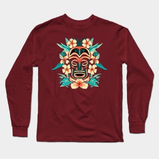 A graphic inspired by Polynesian tiki culture, featuring tiki masks, hibiscus flowers, and tropical motifs. Long Sleeve T-Shirt